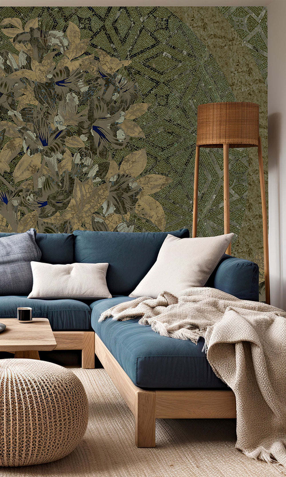Moss Green Geometric Floral Mosaic Mural Wallpaper M2578