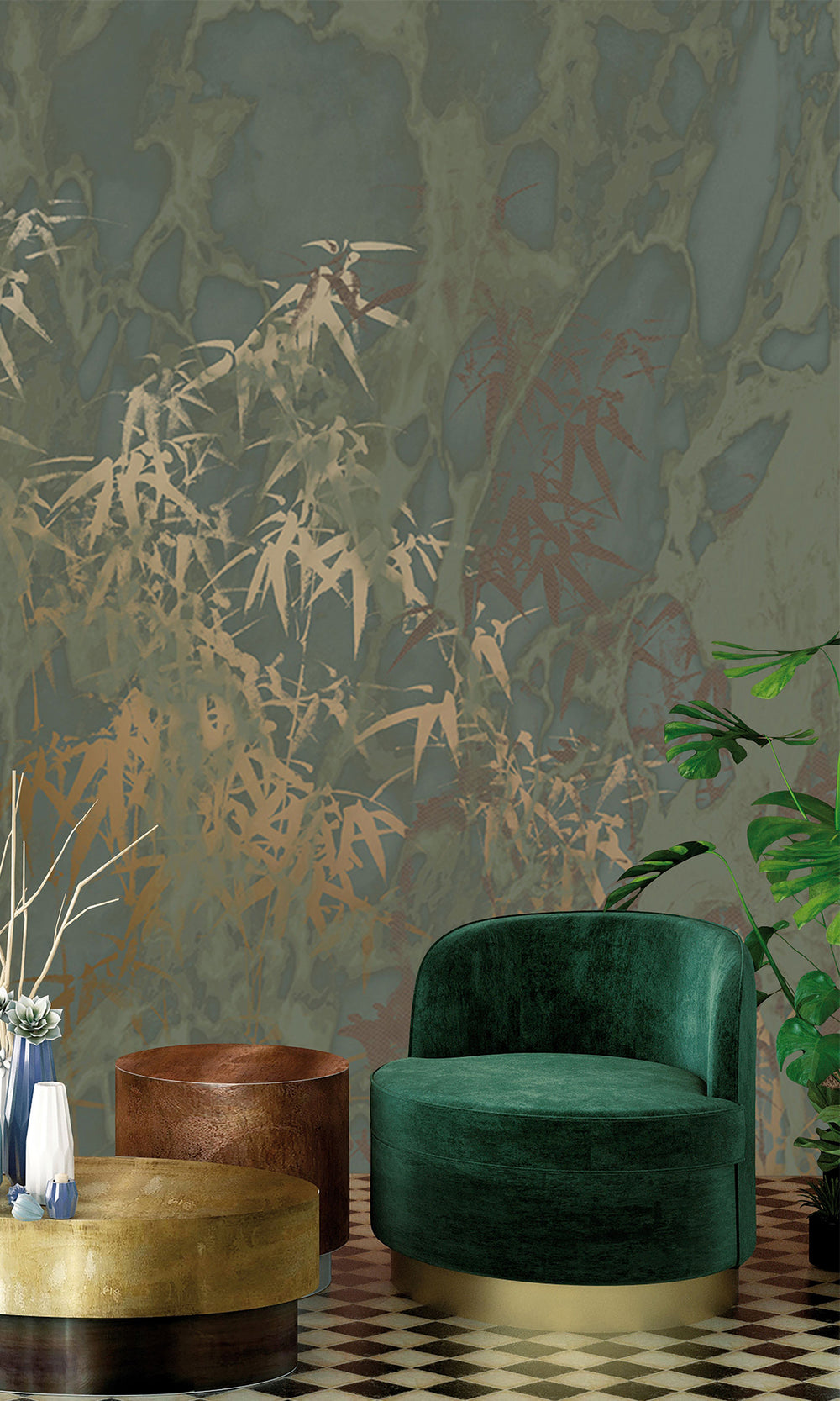 Dark Moss Green Abstract Bamboo Forest Mural Wallpaper M2584 - Sample