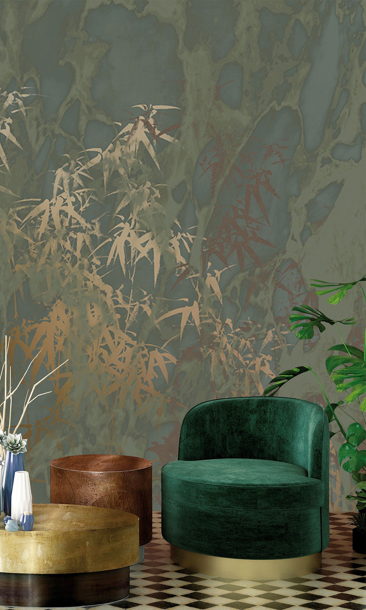 Dark Moss Green Abstract Bamboo Forest Mural Wallpaper M2584