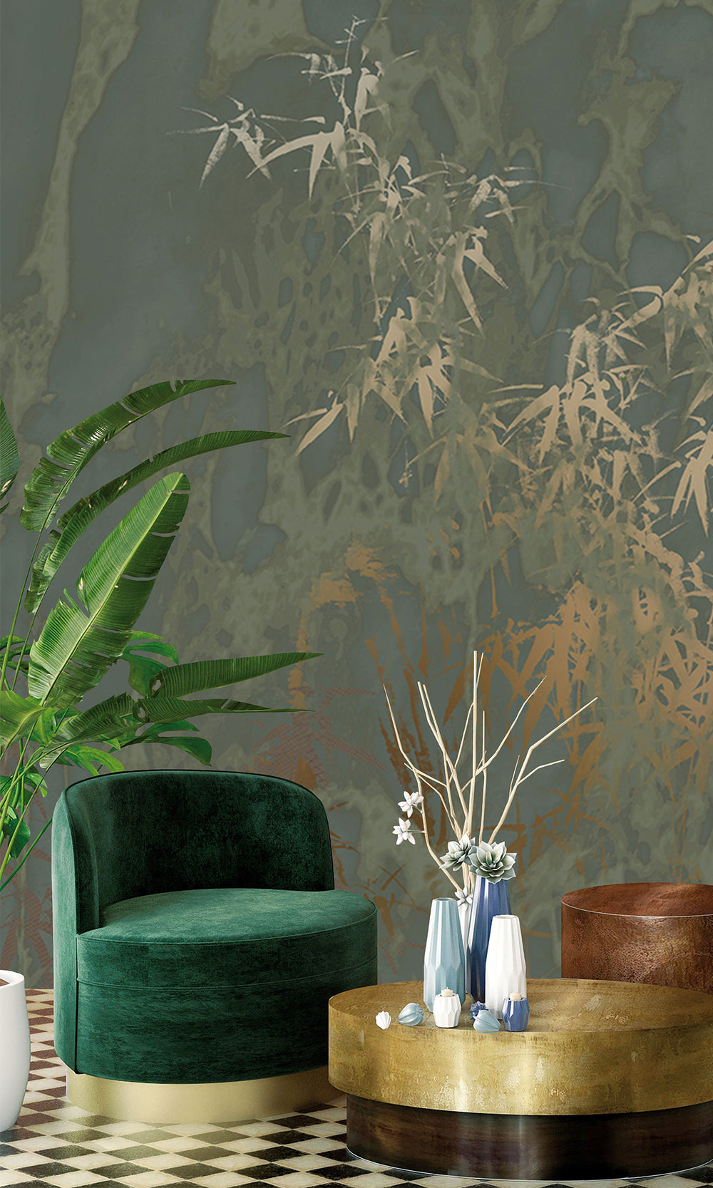 Dark Moss Green Abstract Bamboo Forest Mural Wallpaper M2584 - Sample