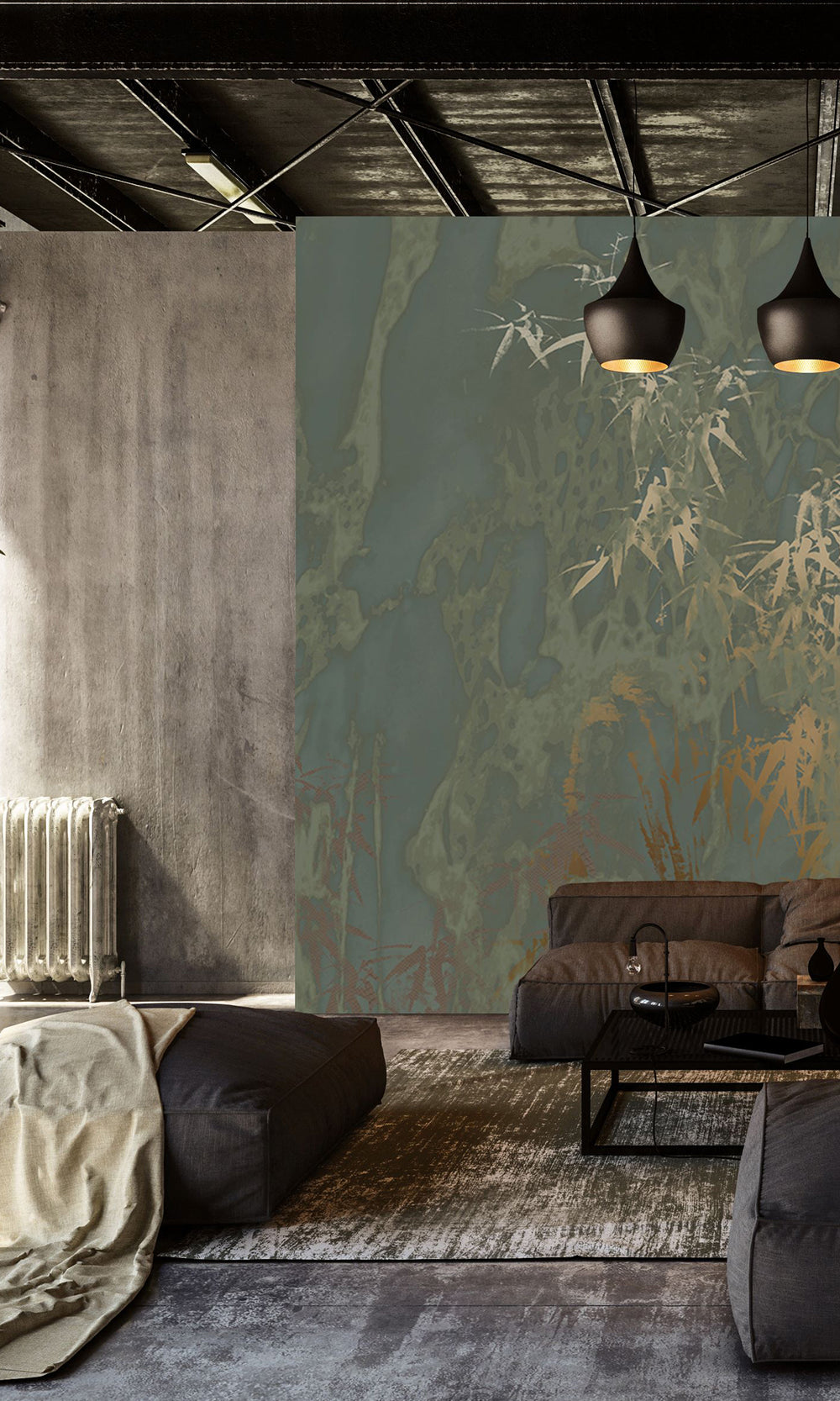 Dark Moss Green Abstract Bamboo Forest Mural Wallpaper M2584 - Sample