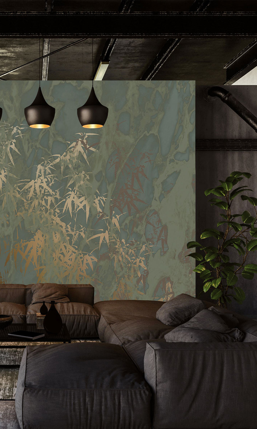 Dark Moss Green Abstract Bamboo Forest Mural Wallpaper M2584 - Sample