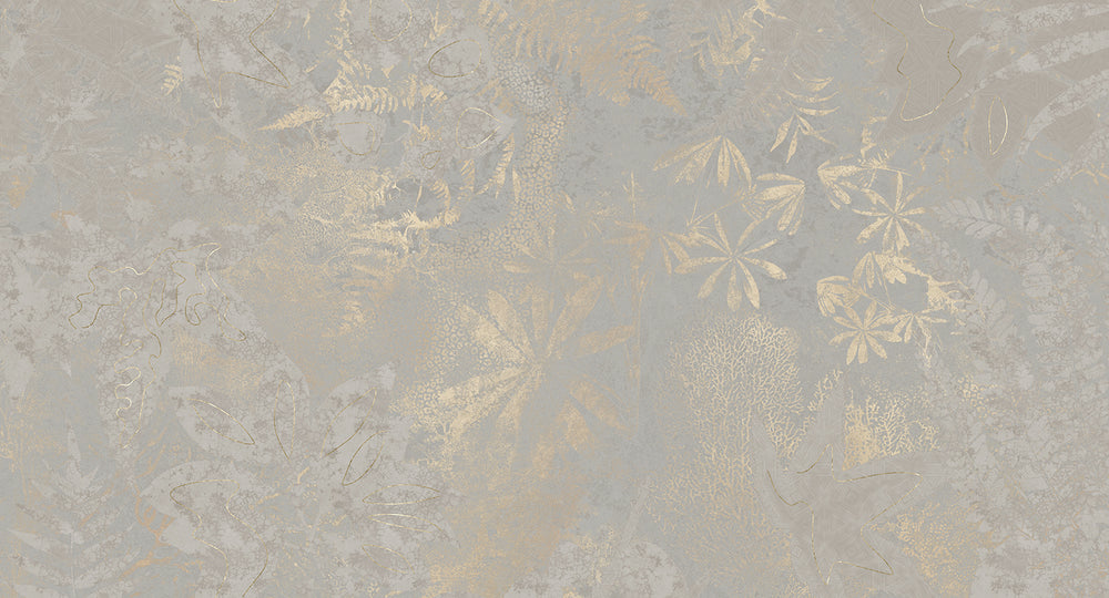 Slate Grey Gold Botanical Shadow Print Mural Wallpaper M2591
