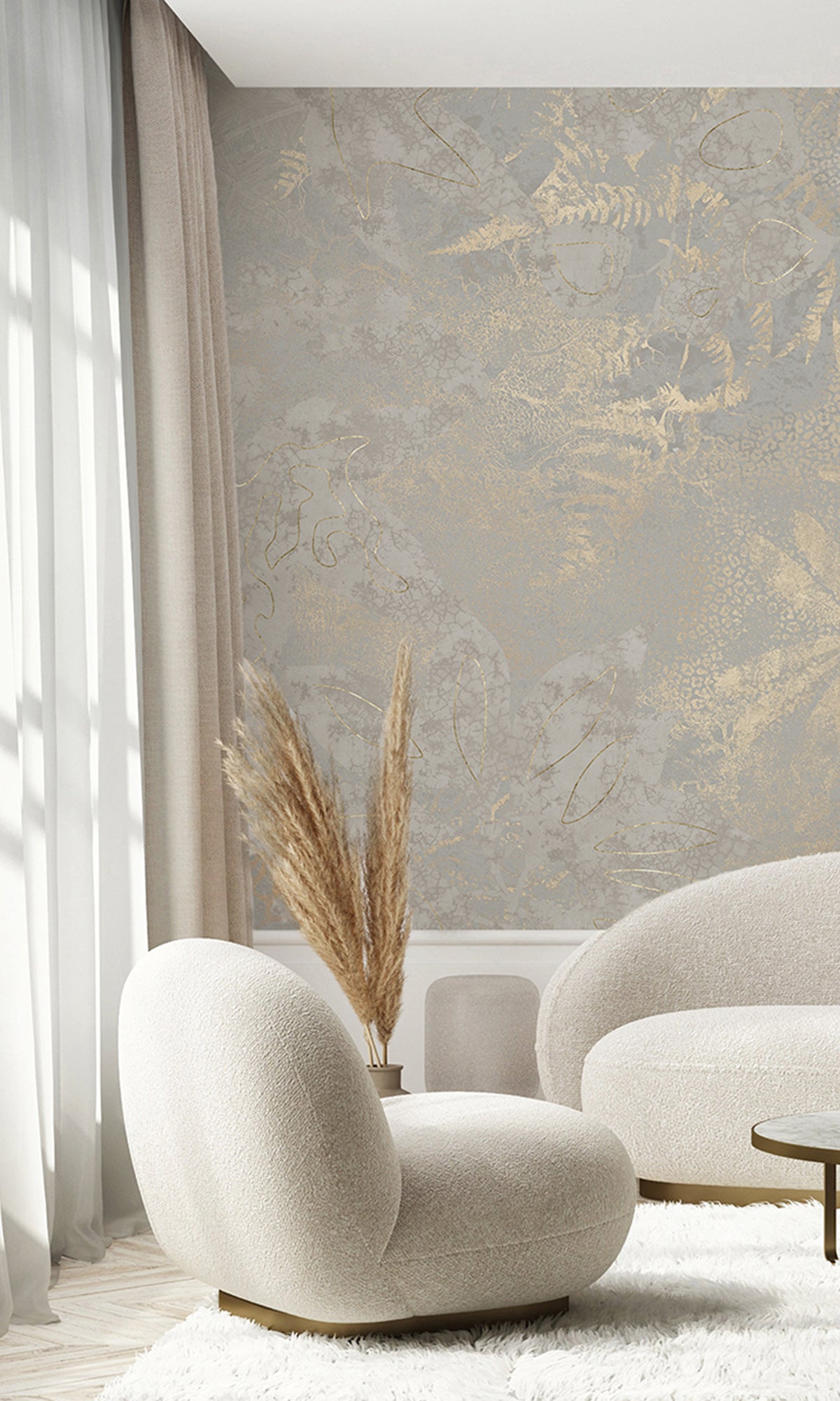 Slate Grey Gold Botanical Shadow Print Mural Wallpaper M2591