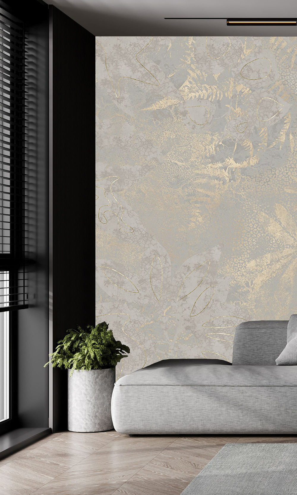 Slate Grey Gold Botanical Shadow Print Mural Wallpaper M2591