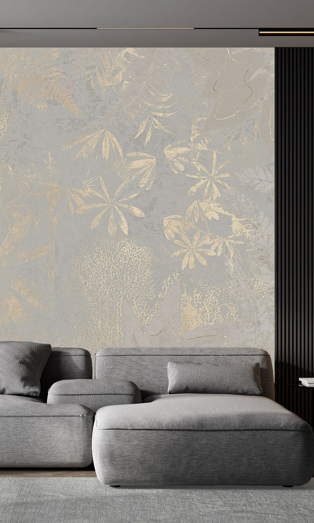 Slate Grey Gold Botanical Shadow Print Mural Wallpaper M2591