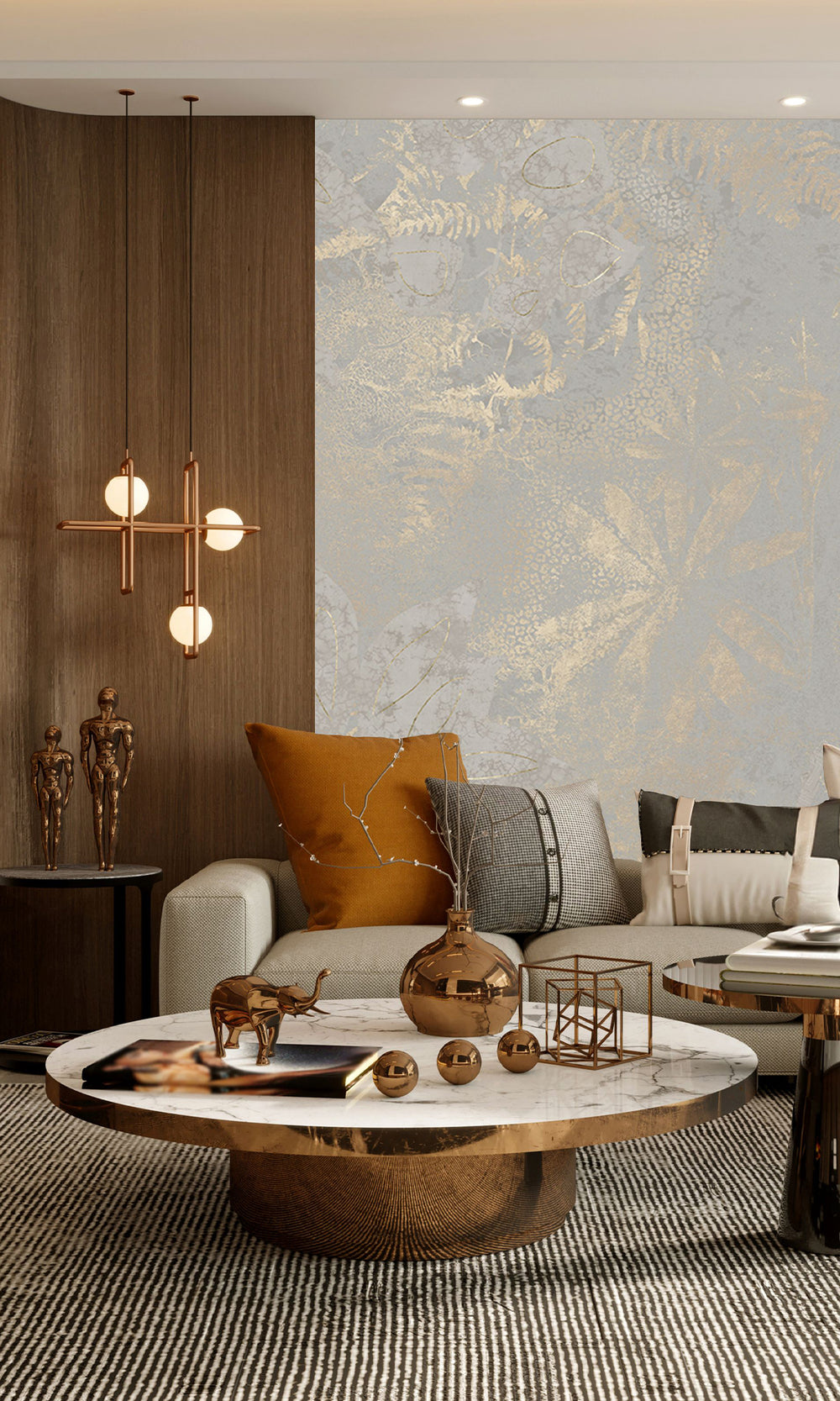 Slate Grey Gold Botanical Shadow Print Mural Wallpaper M2591