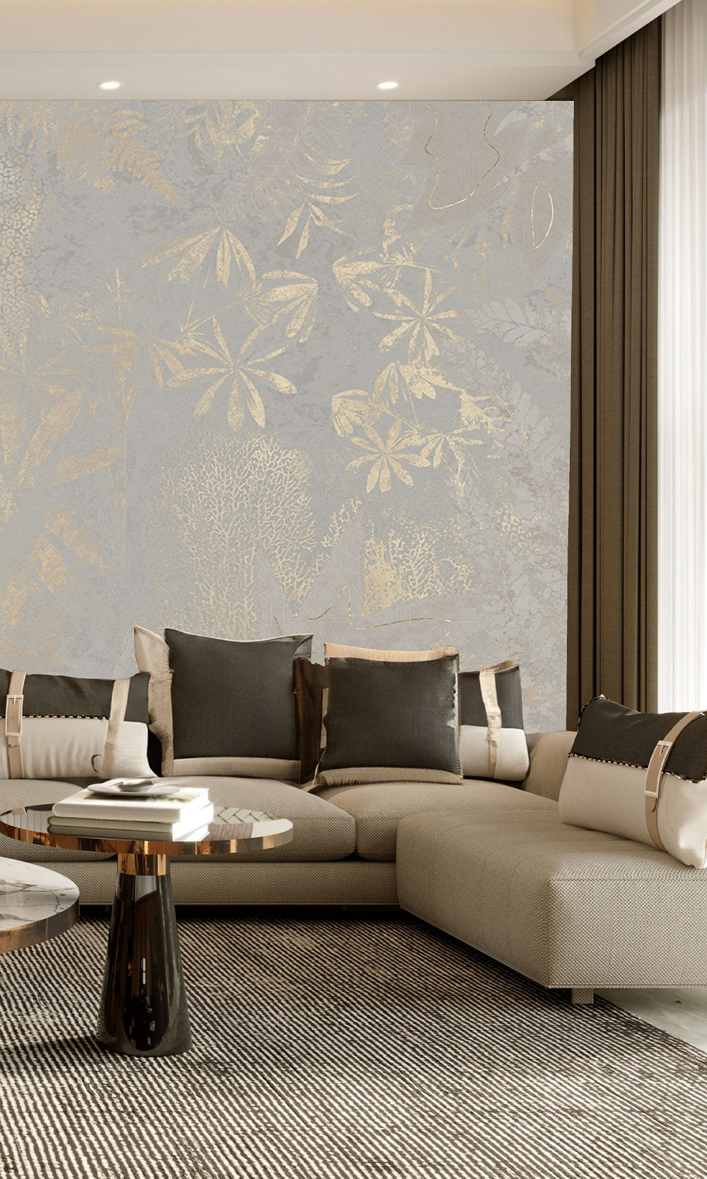 Slate Grey Gold Botanical Shadow Print Mural Wallpaper M2591