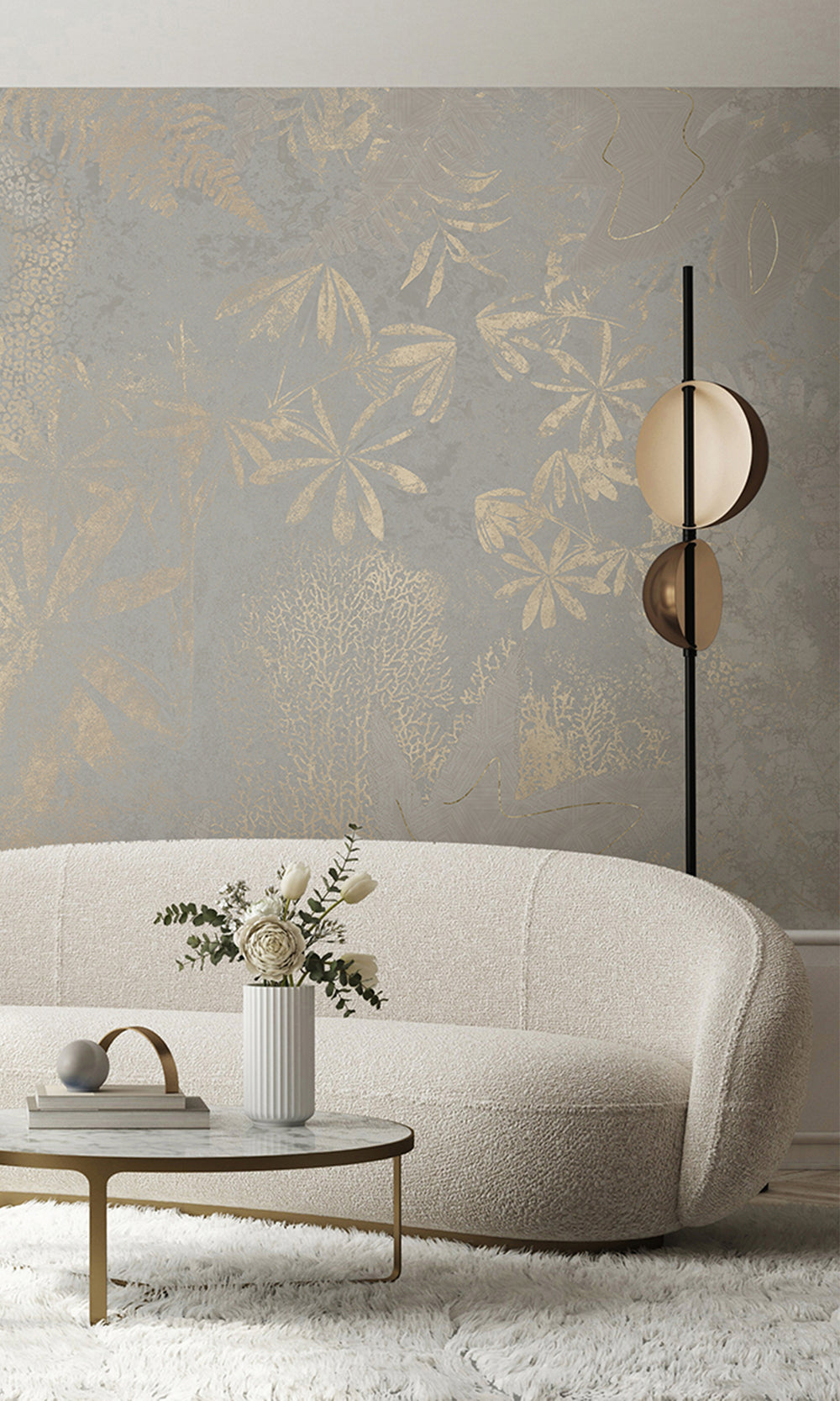 Slate Grey Gold Botanical Shadow Print Mural Wallpaper M2591