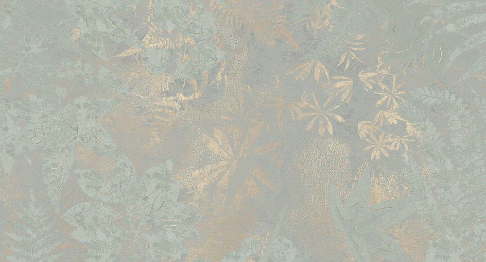 Sage Green Gold Botanical Shadow Print Mural Wallpaper M2592