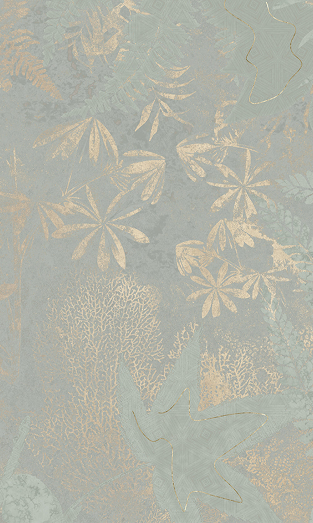 Sage Green Gold Botanical Shadow Print Mural Wallpaper M2592