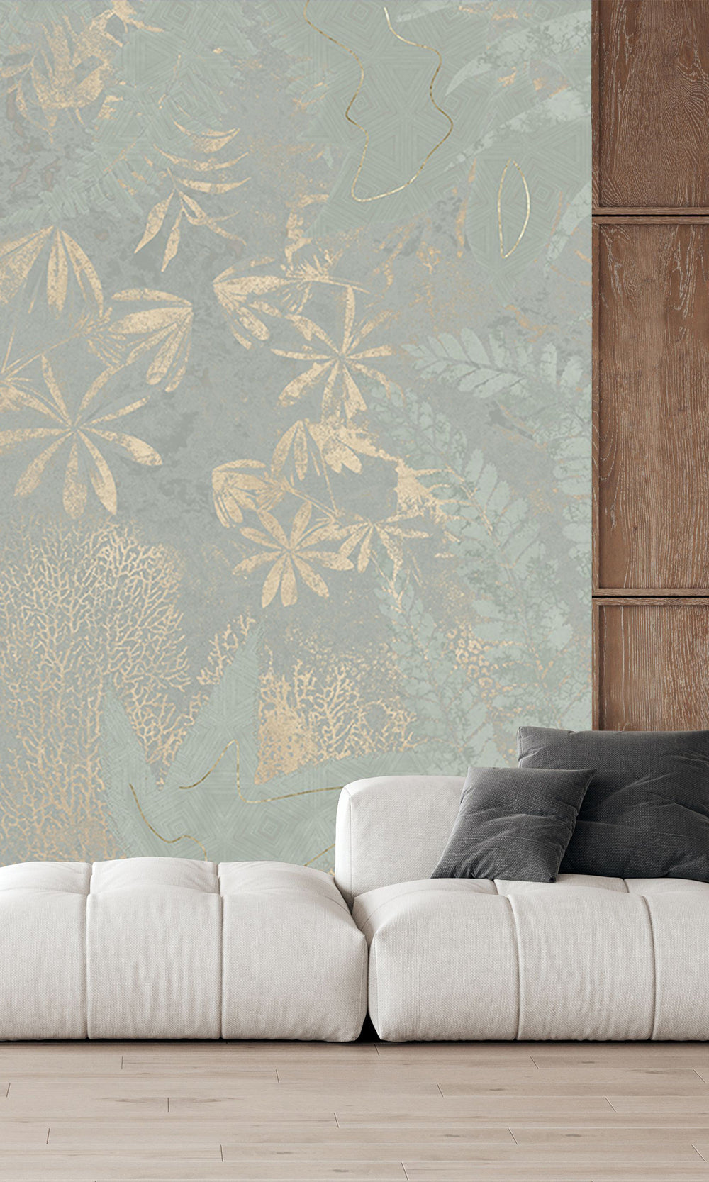 Sage Green Gold Botanical Shadow Print Mural Wallpaper M2592