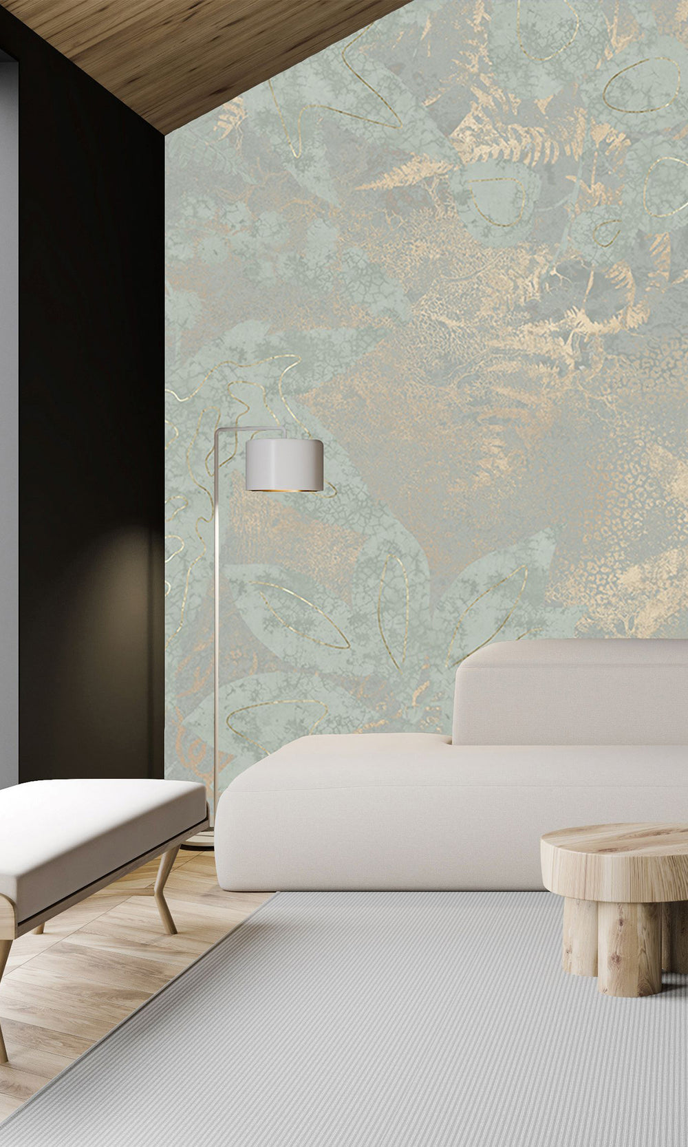 Sage Green Gold Botanical Shadow Print Mural Wallpaper M2592