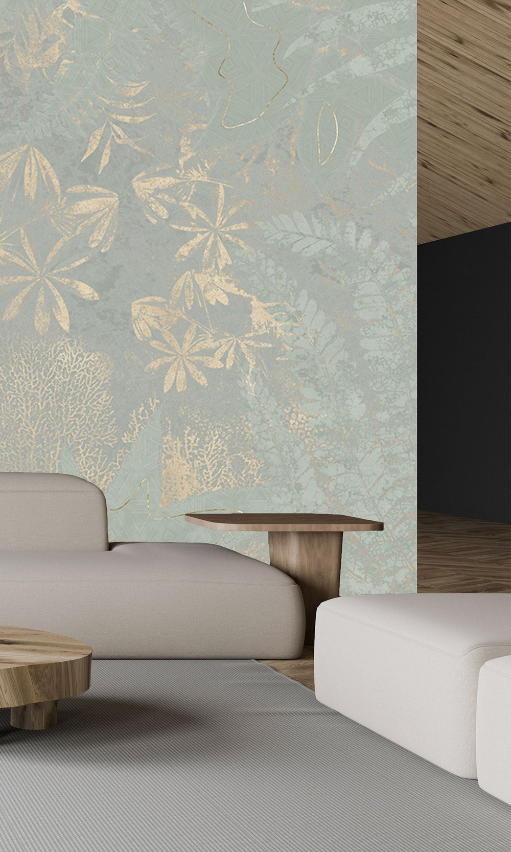 Sage Green Gold Botanical Shadow Print Mural Wallpaper M2592