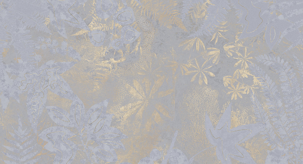Ash Blue Gold Botanical Shadow Print Mural Wallpaper M2593 - Sample