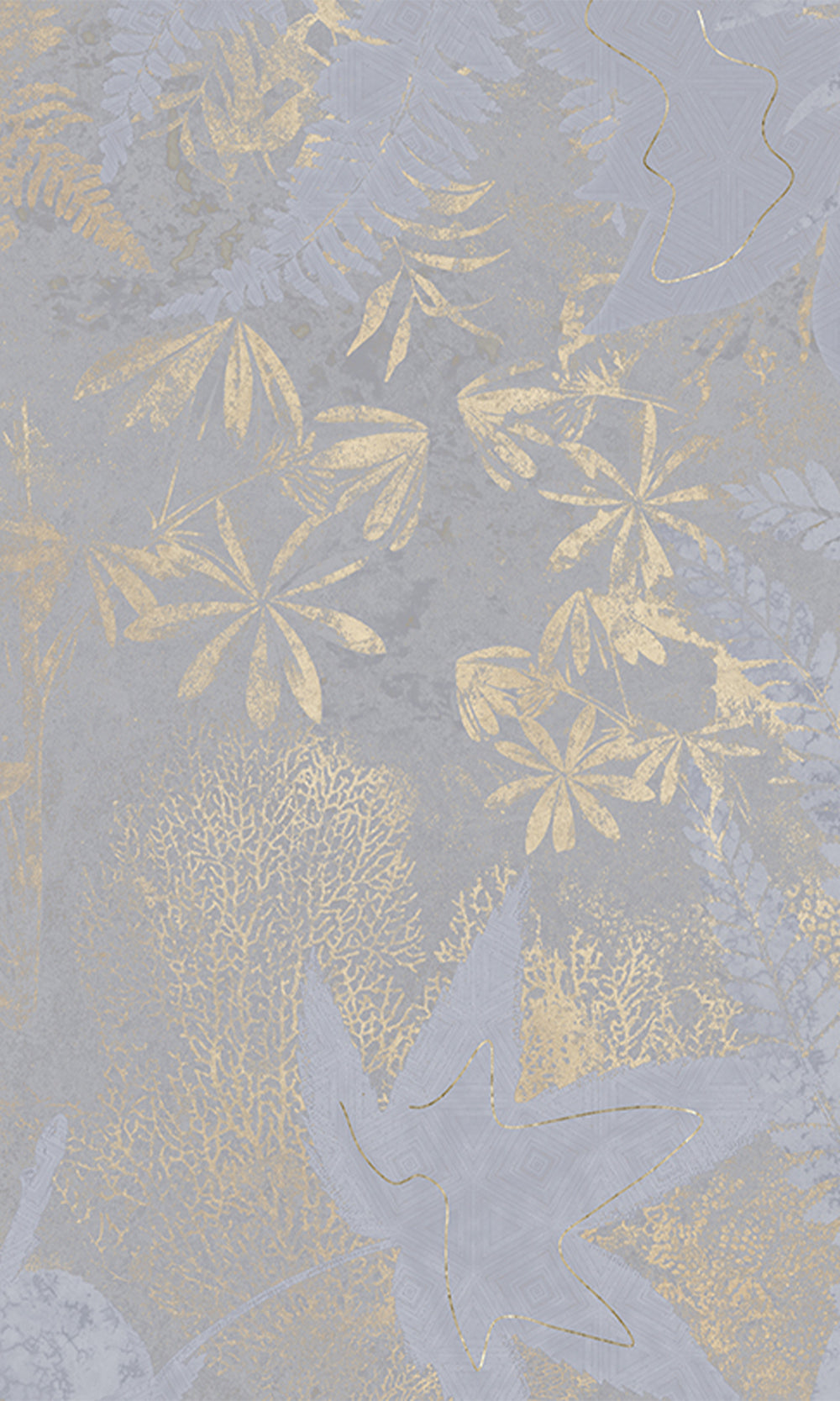 Ash Blue Gold Botanical Shadow Print Mural Wallpaper M2593 - Sample
