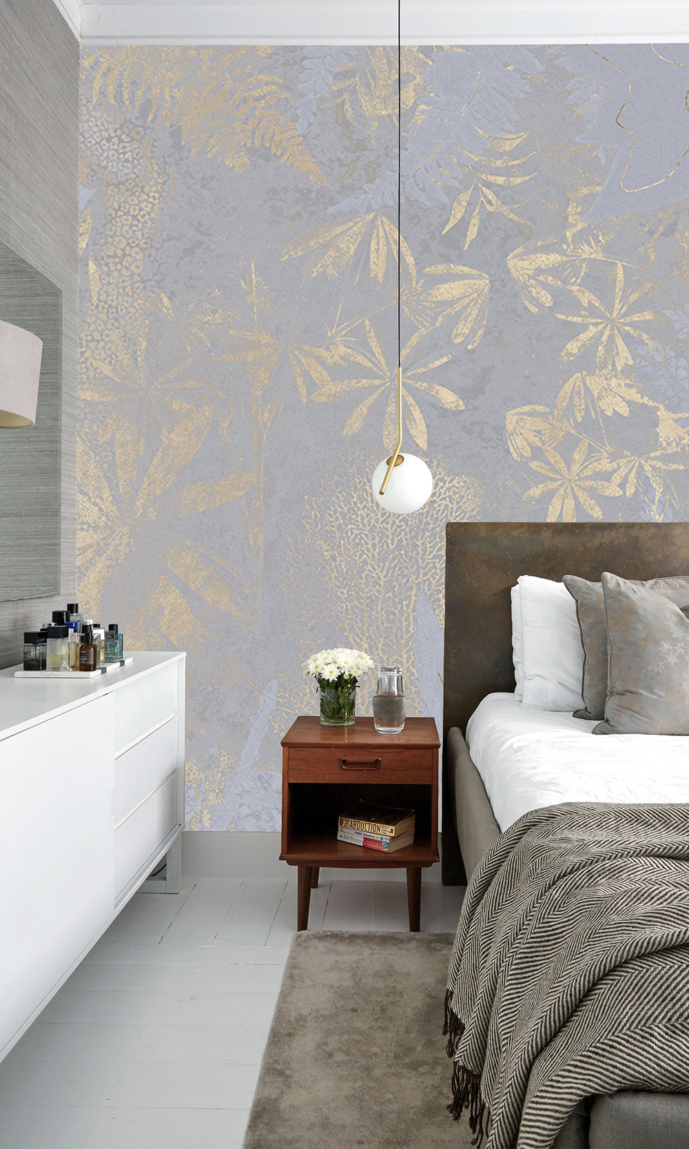 Ash Blue Gold Botanical Shadow Print Mural Wallpaper M2593 - Sample