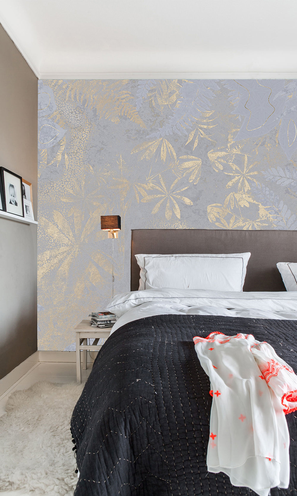 Ash Blue Gold Botanical Shadow Print Mural Wallpaper M2593 - Sample