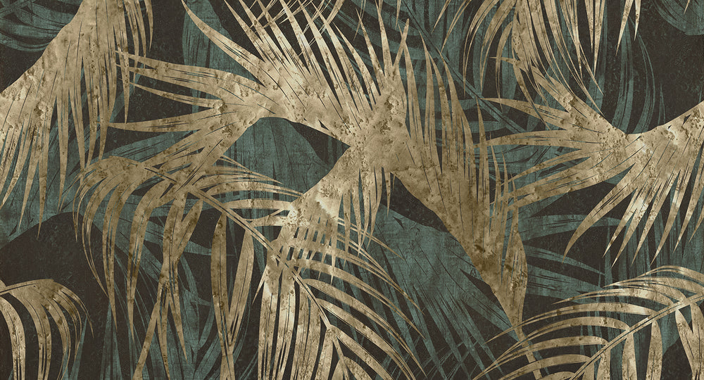 Navy Blue Gold Palm Leaves Tapestry Mural Wallpaper M2594 - Sample