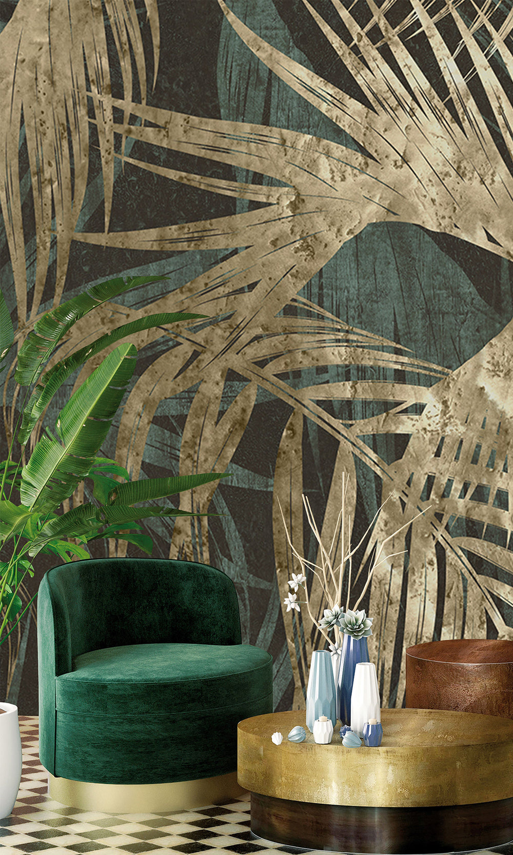 Navy Blue Gold Palm Leaves Tapestry Mural Wallpaper M2594 - Sample
