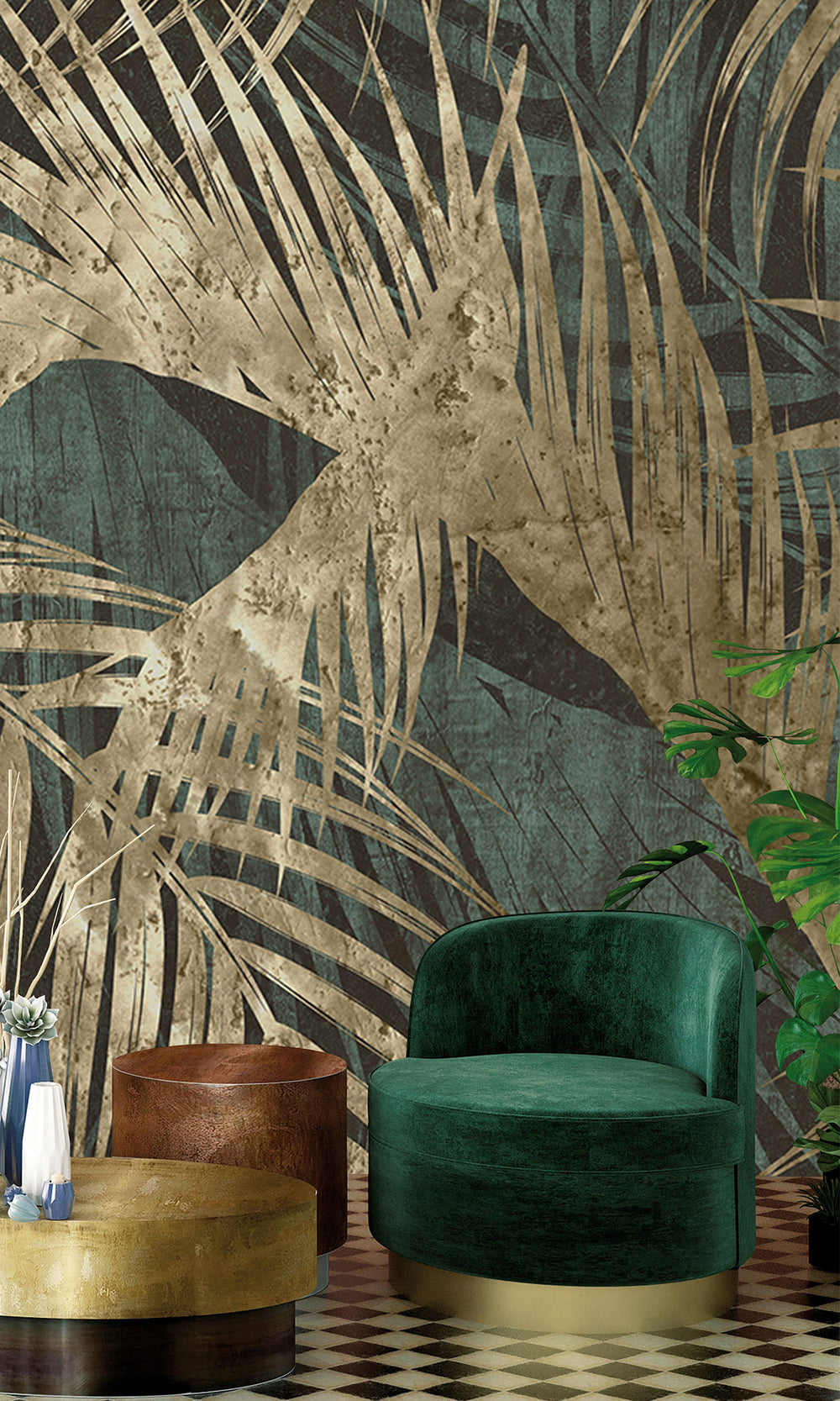 Navy Blue Gold Palm Leaves Tapestry Mural Wallpaper M2594 - Sample