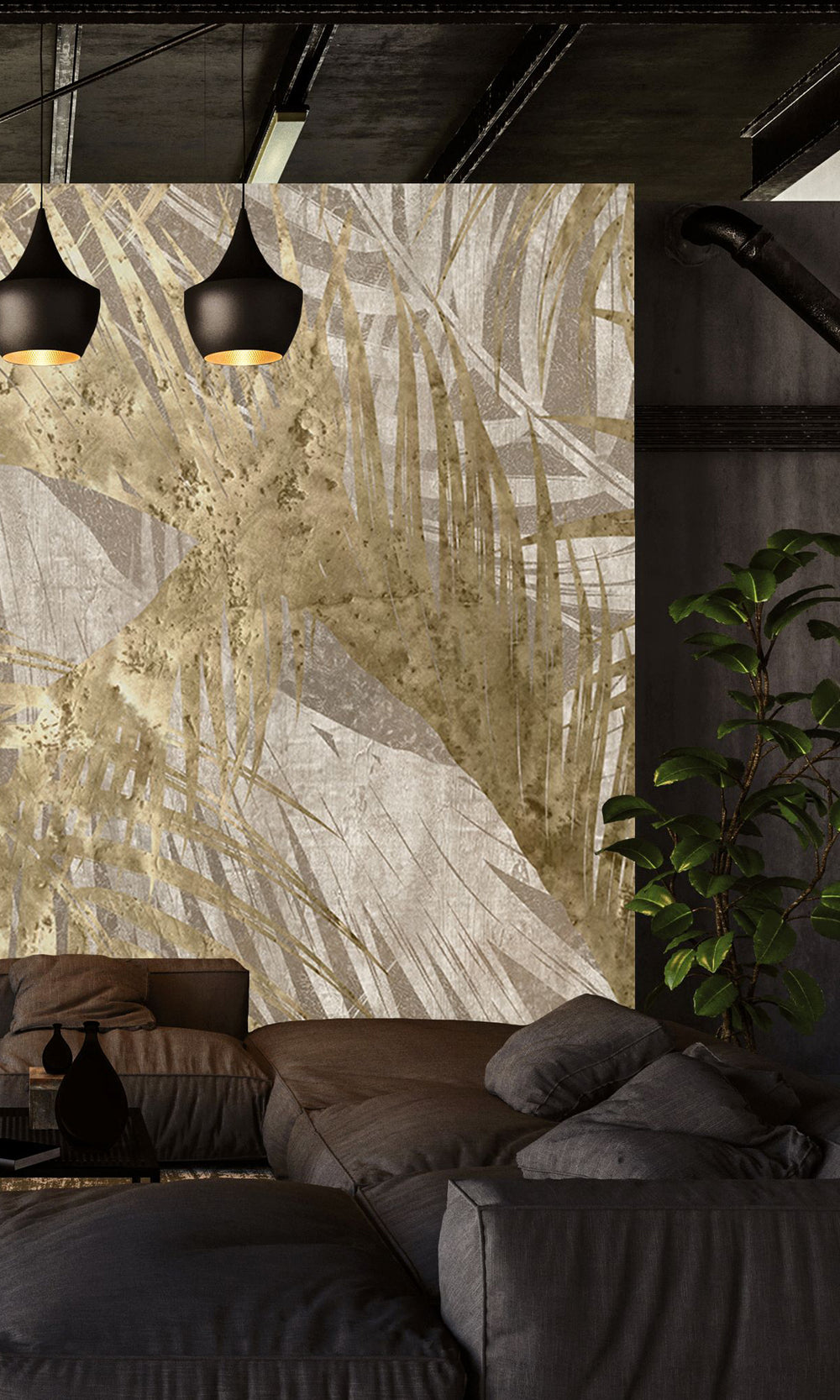 Khaki Gold Palm Leaves Tapestry Wall Mural M2595