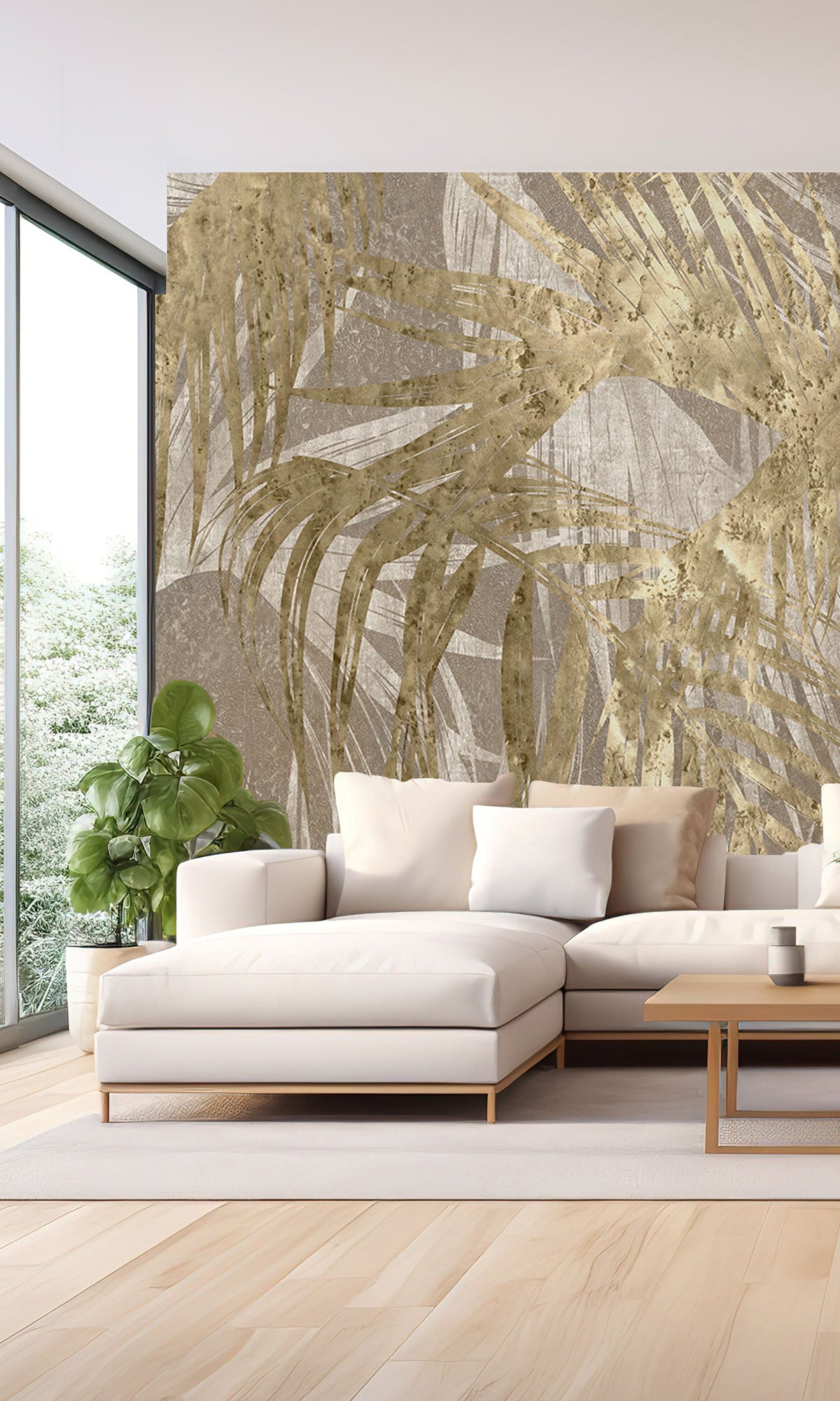 Khaki Gold Palm Leaves Tapestry Mural Wallpaper M2595