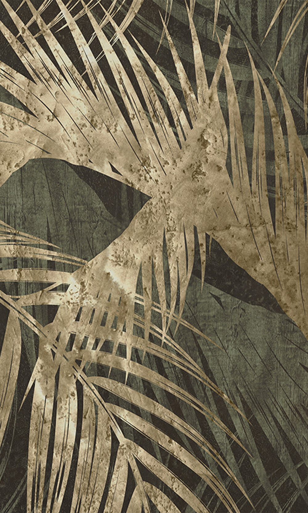 Dark Green Gold Palm Leaves Tapestry Mural Wallpaper M2596