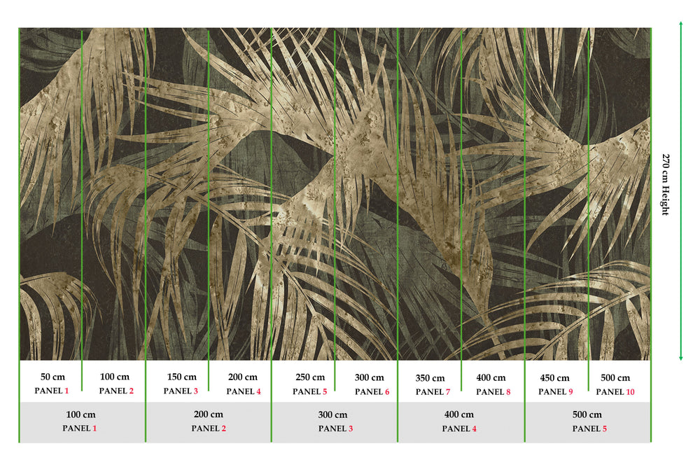 Dark Green Gold Palm Leaves Tapestry Mural Wallpaper M2596
