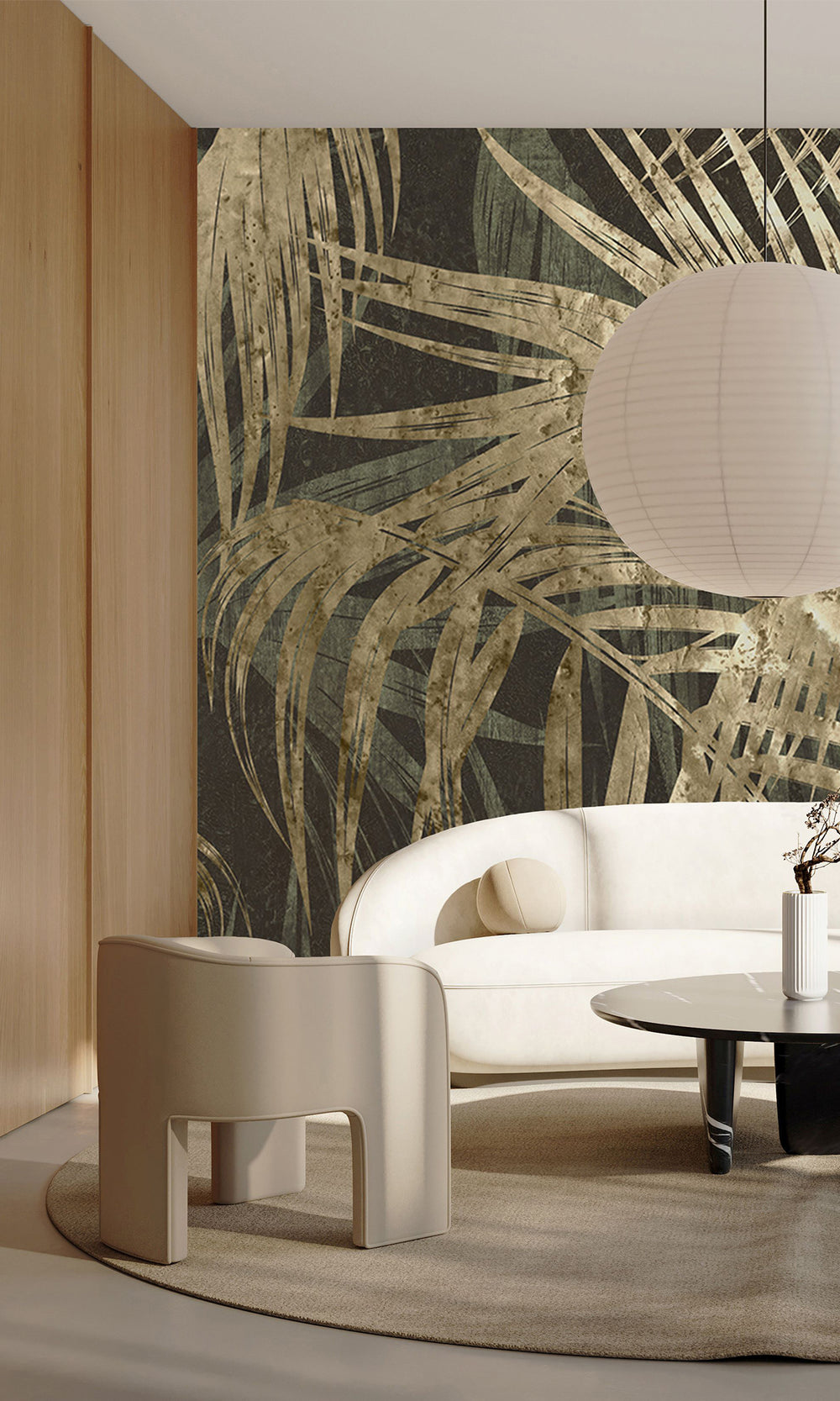 Dark Green Gold Palm Leaves Tapestry Mural Wallpaper M2596