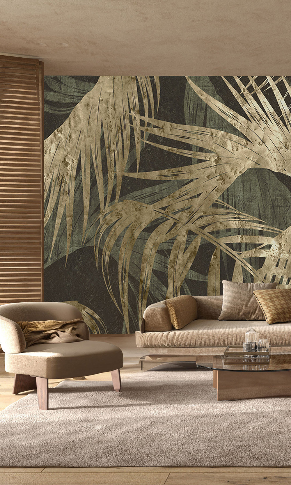 Dark Green Gold Palm Leaves Tapestry Mural Wallpaper M2596