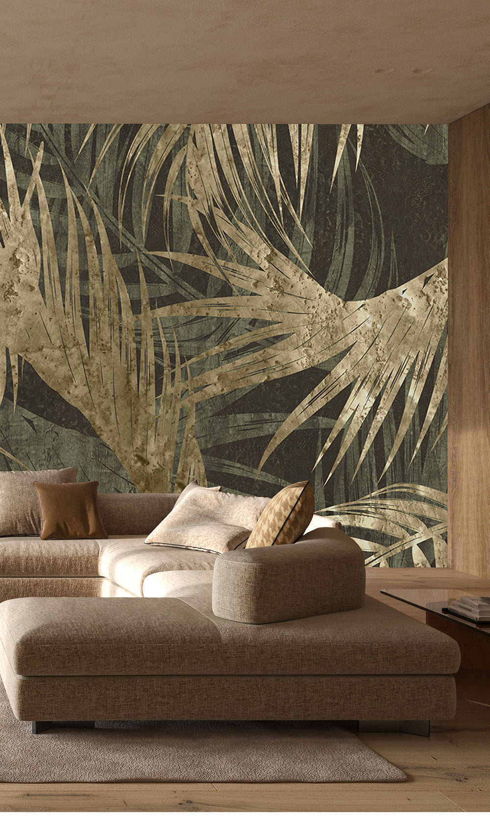 Dark Green Gold Palm Leaves Tapestry Mural Wallpaper M2596