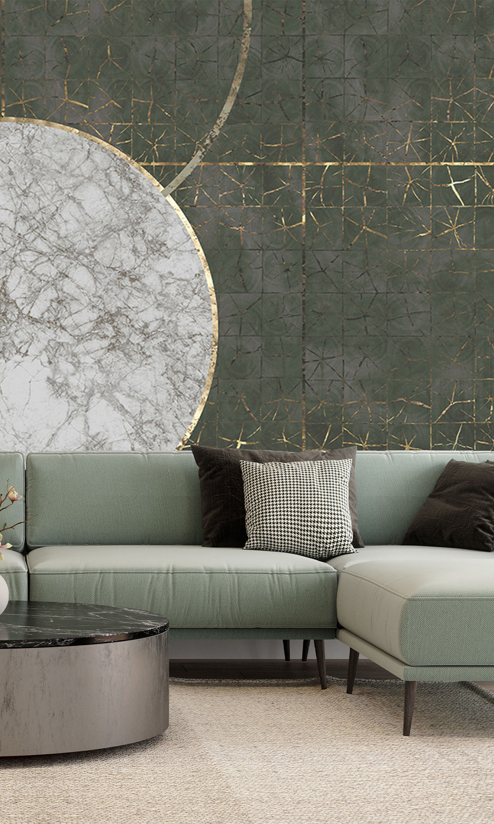 Dark Green Marbled Celestial Abstract Mural Wallpaper M2601