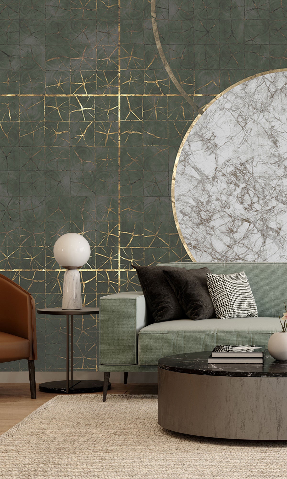 Dark Green Marbled Celestial Abstract Mural Wallpaper M2601