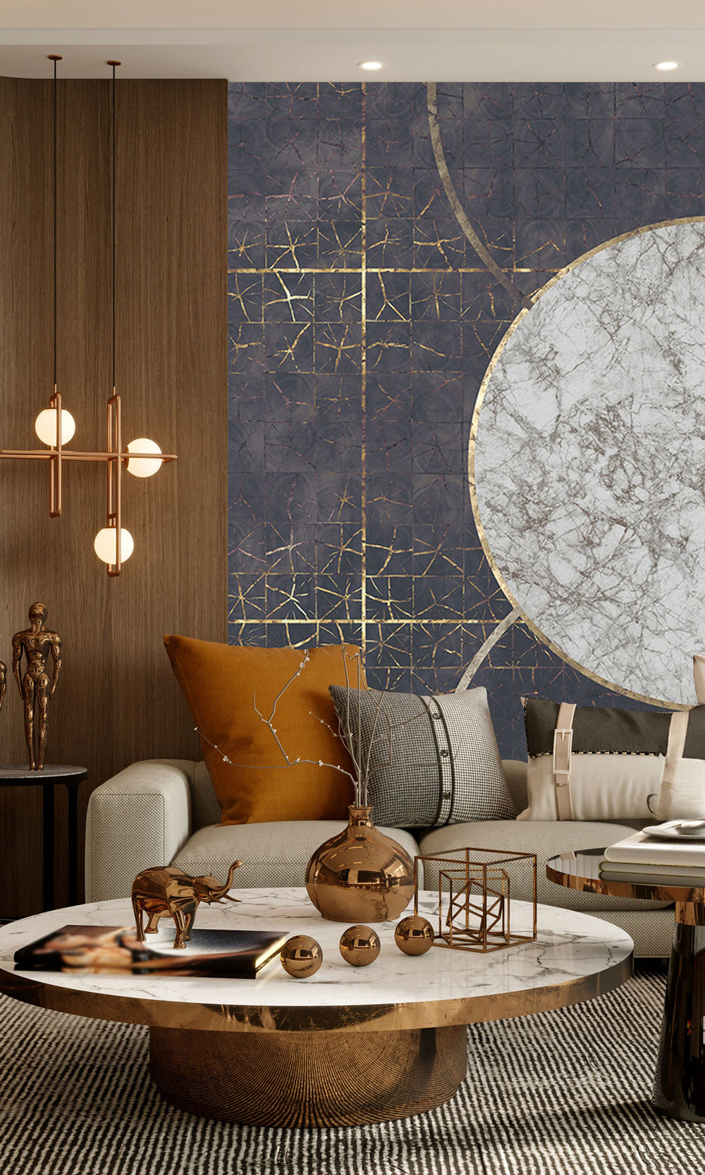 Navy Blue Marbled Celestial Abstract Wall Mural M2602