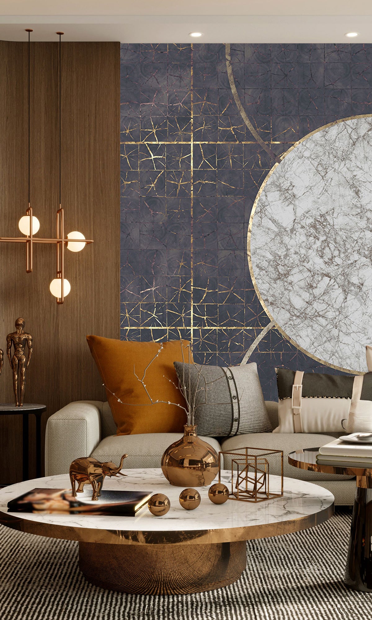 Navy Blue Marbled Celestial Abstract Mural Wallpaper M2602