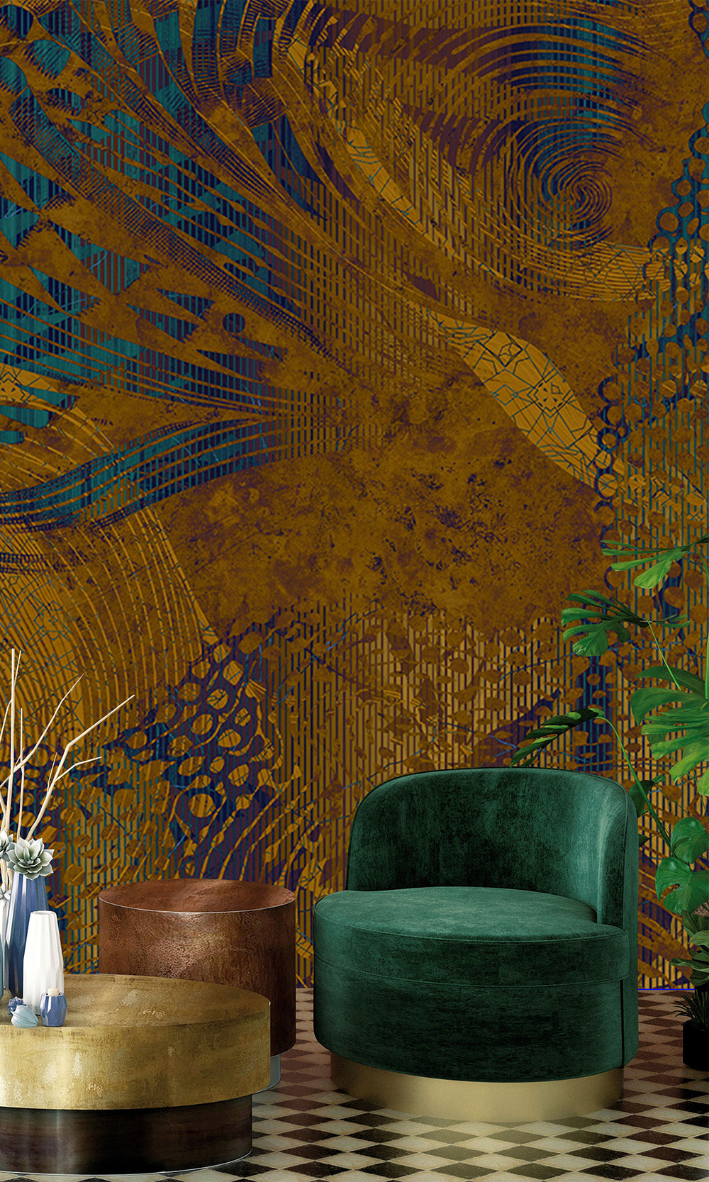 Gold Flowing Abstract Mosaic Wall Mural M2604