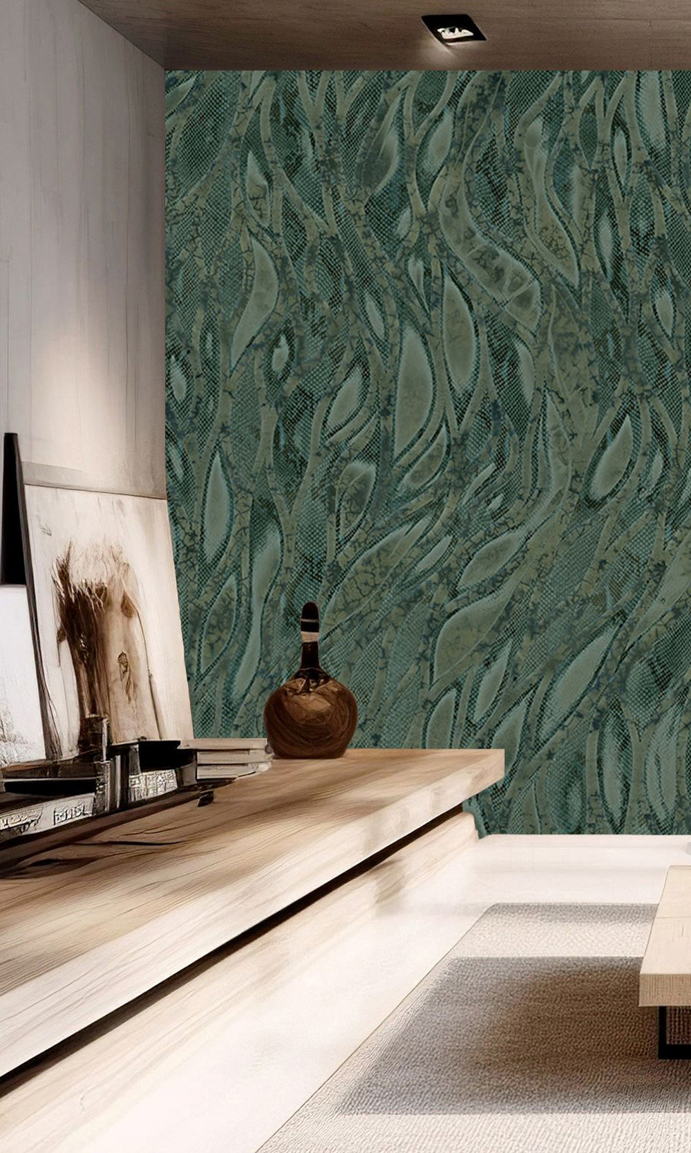 Navy Green Cascading Faux Snakeskin Mural Wallpaper M2607 - Sample