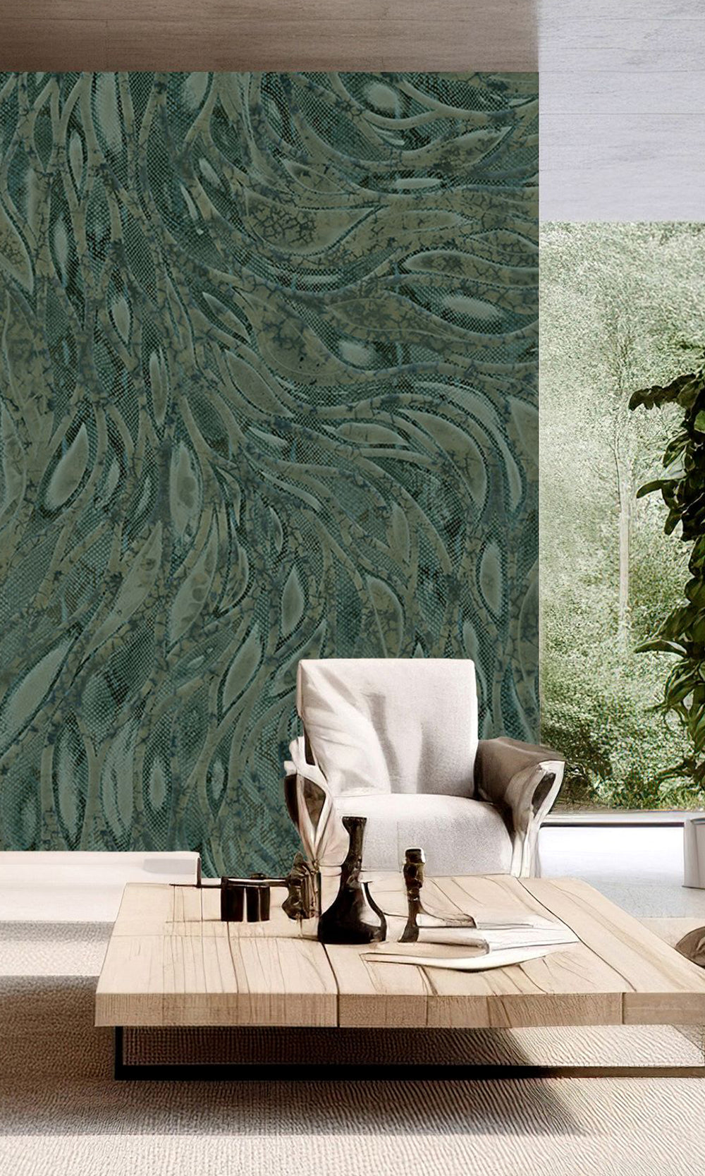 Navy Green Cascading Faux Snakeskin Mural Wallpaper M2607 - Sample