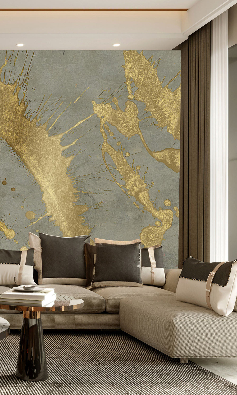 Metallic Grey Gold Abstract Paint Splash Mural Wallpaper M2612