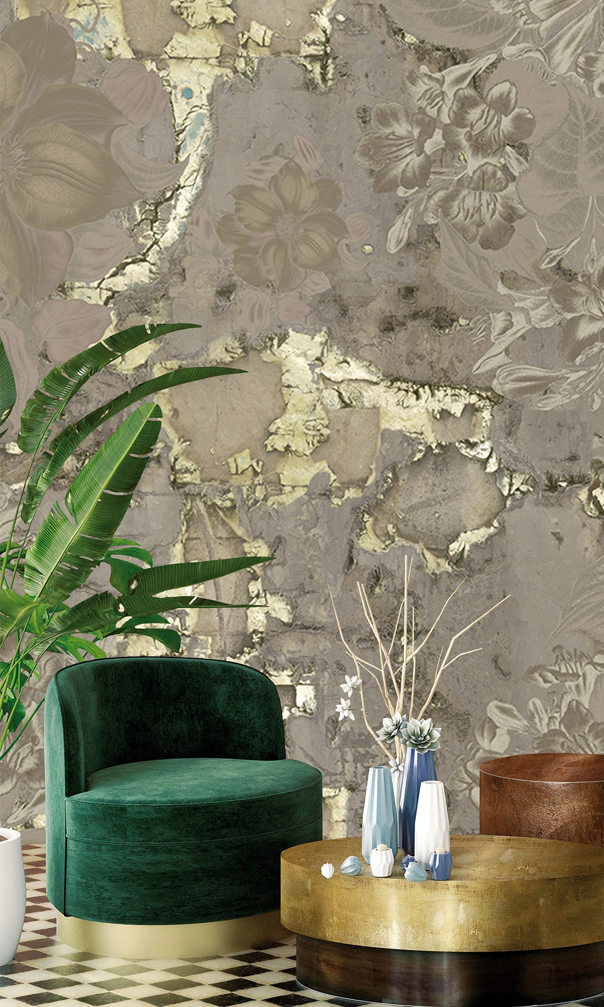 Khaki Gold Floral Abstract Symphony Mural Wallpaper M2615