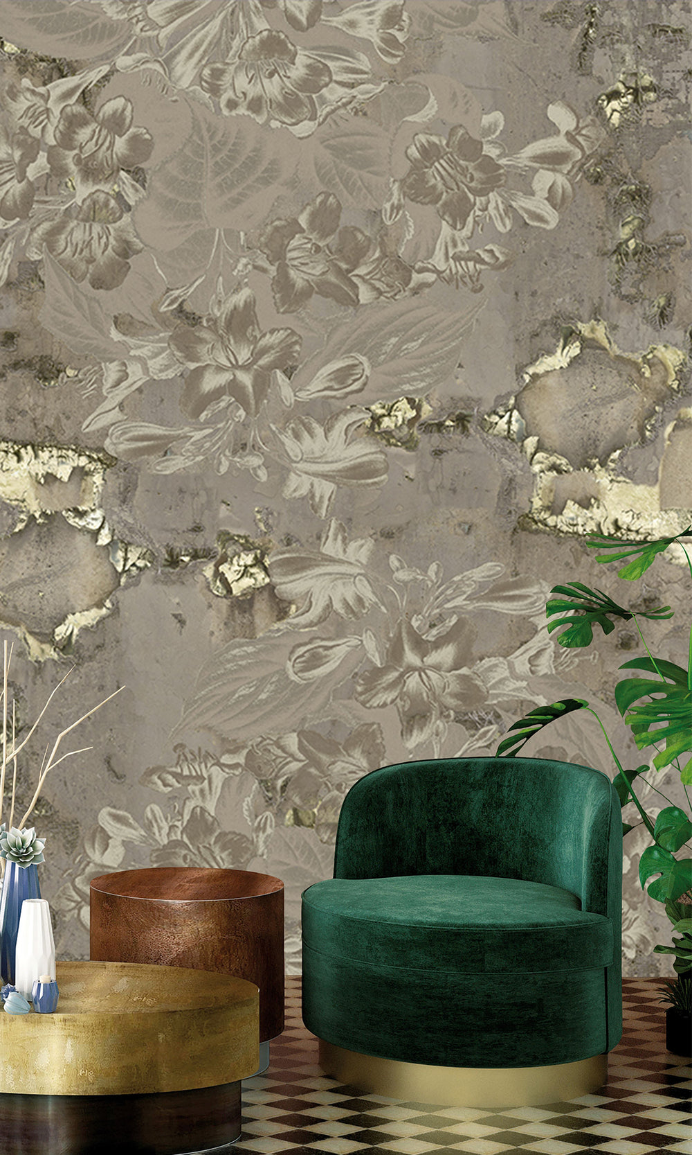 Khaki Gold Floral Abstract Symphony Wall Mural M2615