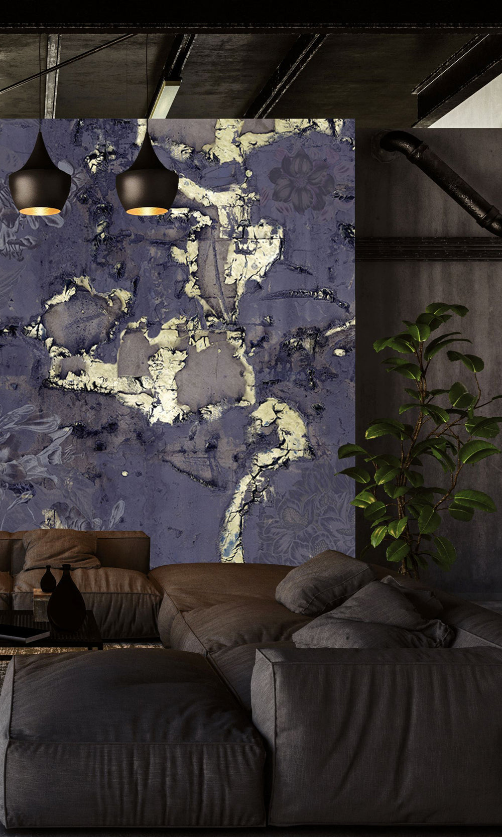 Navy Gold Floral Abstract Symphony Wall Mural M2616