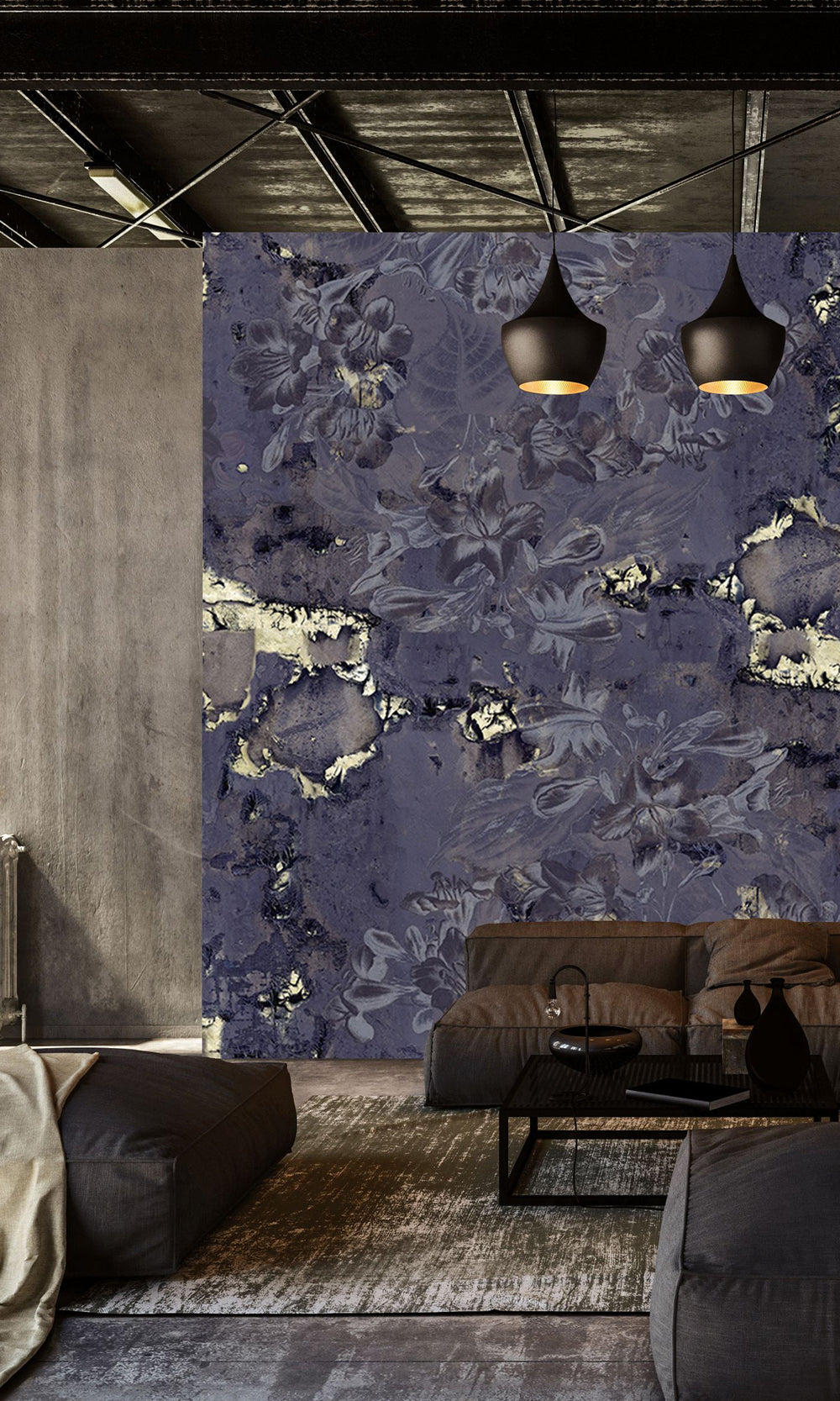 Navy Gold Floral Abstract Symphony Wall Mural M2616