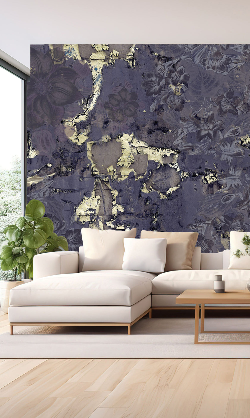 Navy Gold Floral Abstract Symphony Wall Mural M2616