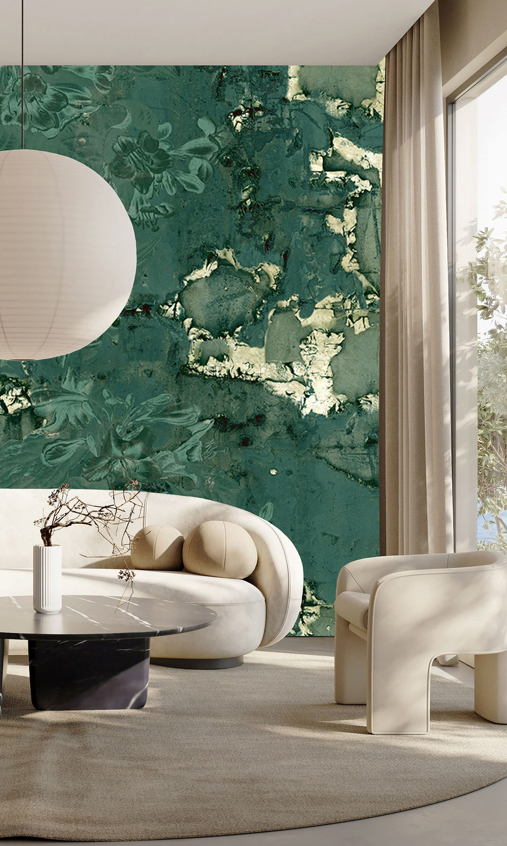 Green Gold Floral Abstract Symphony Mural Wallpaper M2617