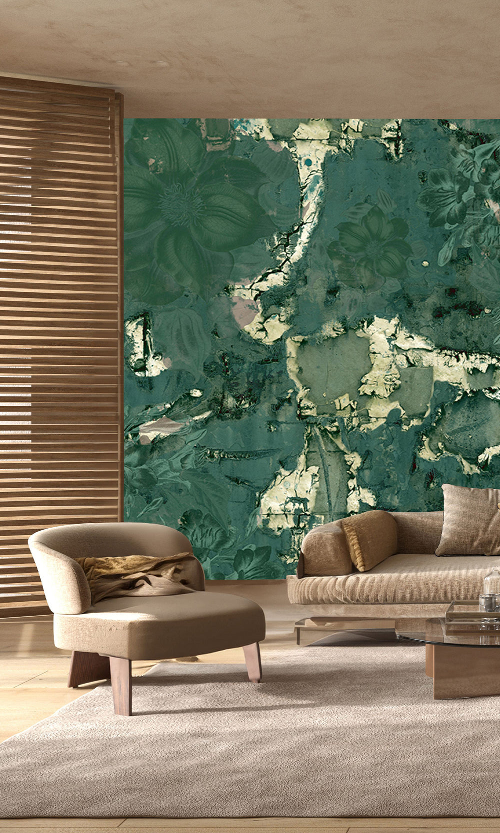 Green Gold Floral Abstract Symphony Mural Wallpaper M2617