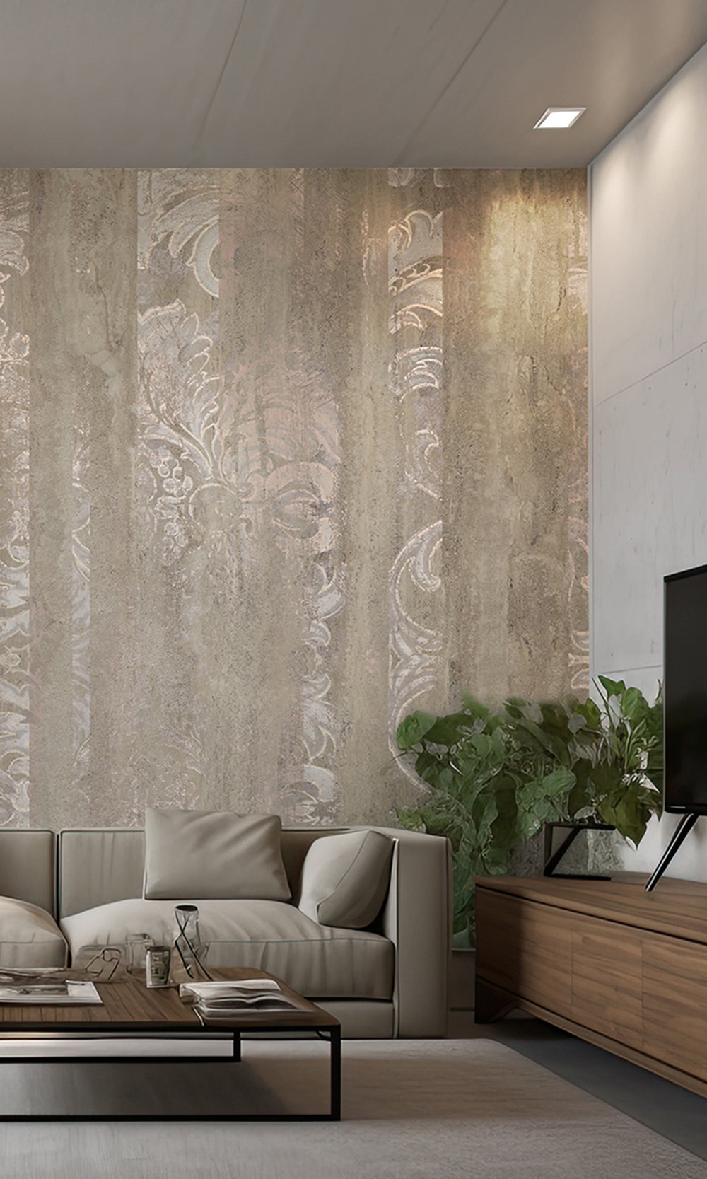 Khaki Floral Wood Pane Curtain Mural Wallpaper M2618 - Sample