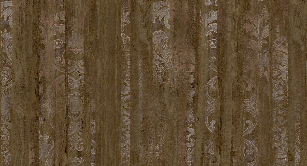 Dark Brown Floral Wood Pane Curtain Mural Wallpaper M2619 - Sample