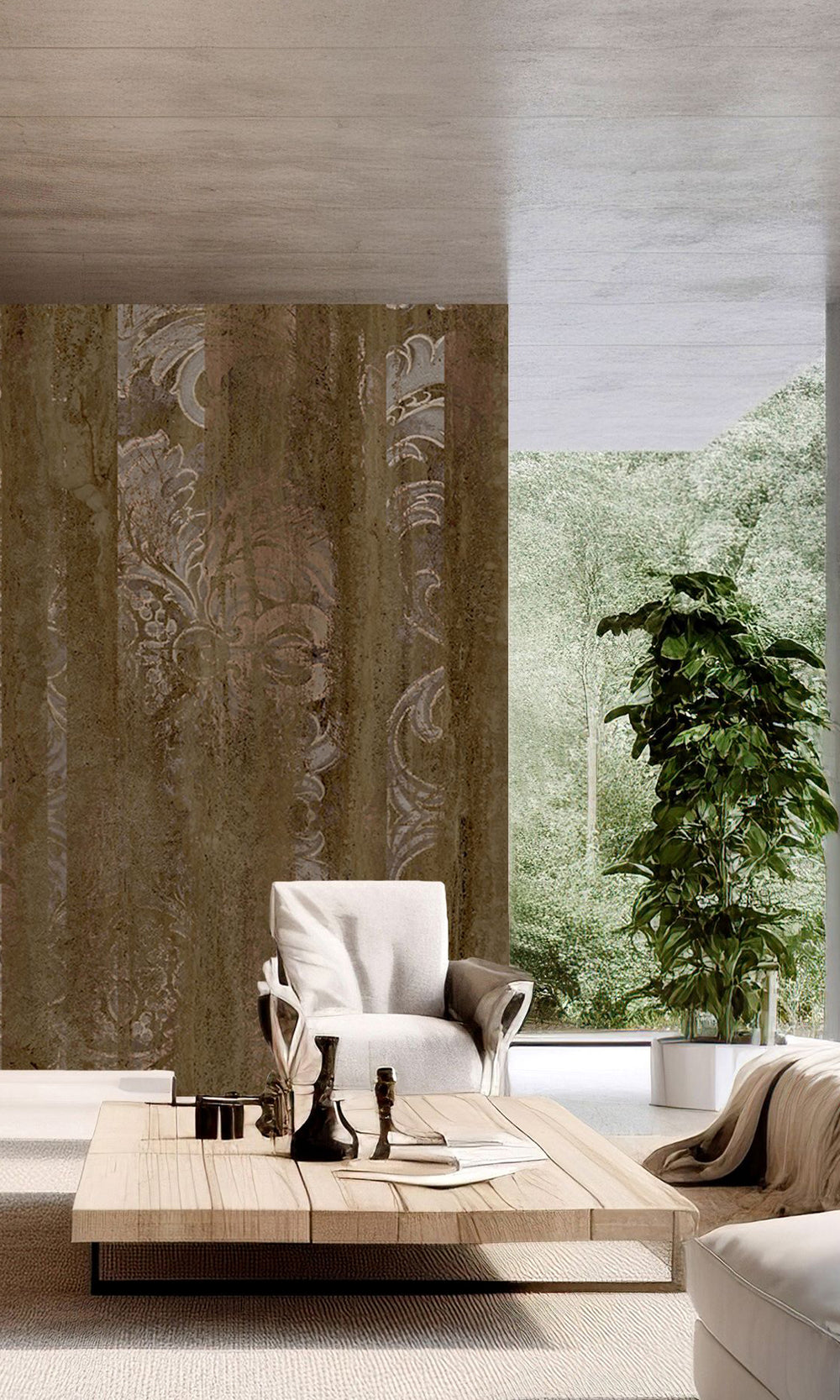Dark Brown Floral Wood Pane Curtain Mural Wallpaper M2619 - Sample